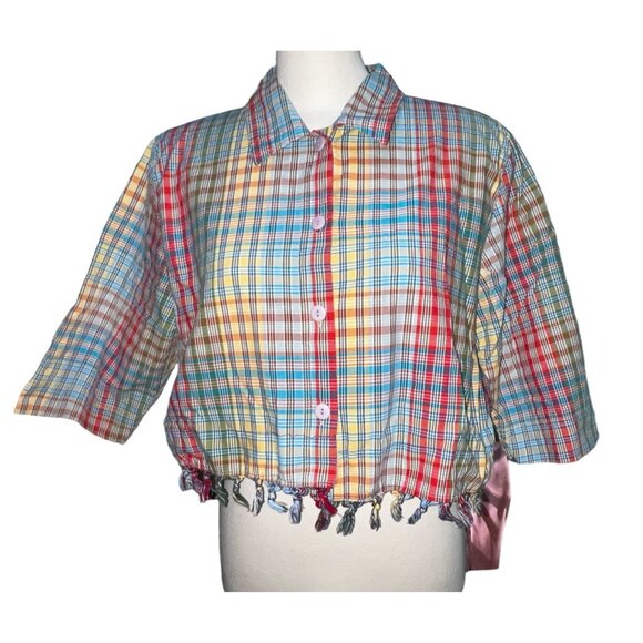 Onque Casuals Vintage Plaid Tassel Hem Collared Crop Top Sz Large Womens MultiCo - Picture 5 of 7